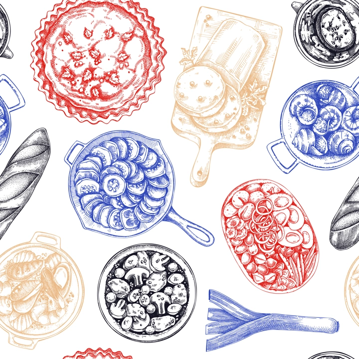French food seamless pattern. Vintage food and wine sketches in color. European restaurant menu design. France background. Hand-drawn vector illustration, NOT AI generated